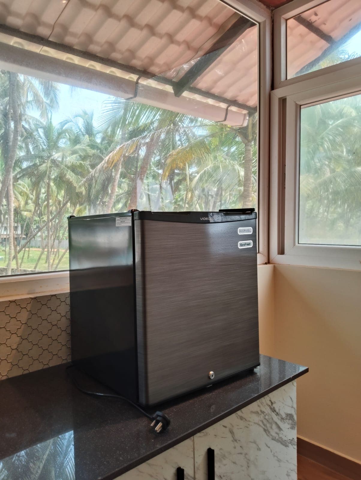 Upper suite private kitchen with dedicated refrigerator and palm view corner windows